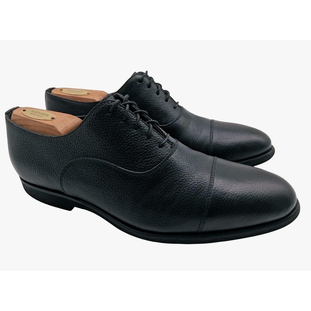 Santoni Dress Shoes Mens 8.5 Black Pebbled Leather Cap Toe Italy W/ Shoe Trees